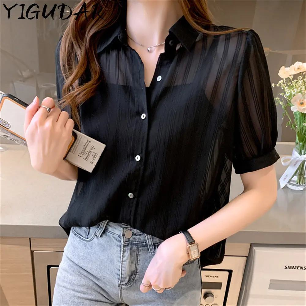 

2023 korean fashion Womens Short Sleeve Solid Lapel Neck Chiffon Button Shirt for Summer ropa para mujer womens clothing