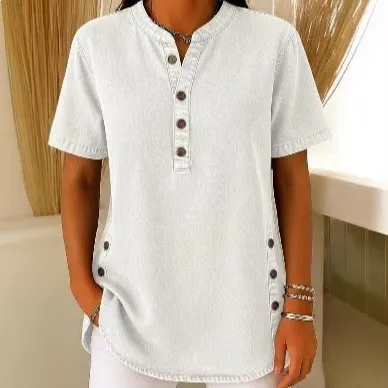Casual Button Front Slim Fit Shirt with Short Sleeve Minimalist Japanese Korean Casual Women Blouse Spring No Pattern Pullover