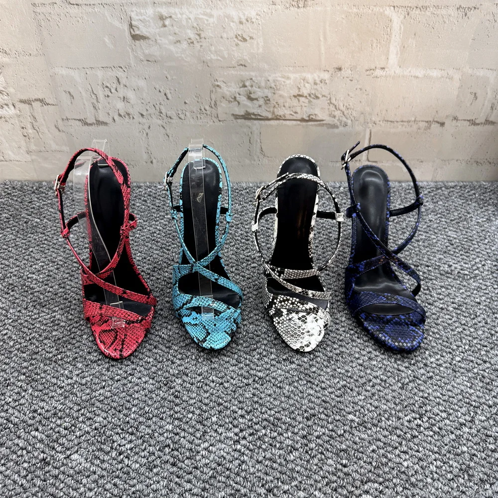 16/10/14 سنتيمتر الصنادل عالية الكعب ، النساء صنم الأفعى نمط أحذية الصيف ، زقزقة اصبع القدم ، عبر تعادل ، الكاحل مشبك حزام ، أسود ، أحمر ، أزرق #5