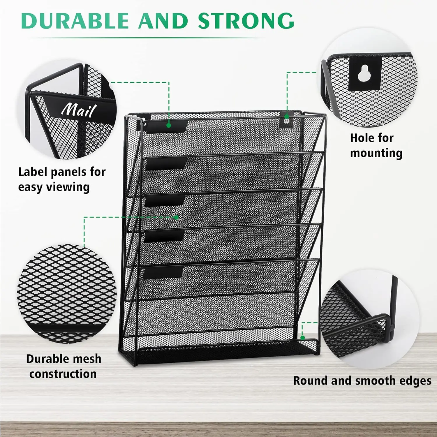 Desk File Organizer Mesh 5-Tier, Hanging Wall Mount Document Organization Stand, Desktop Vertical Mail Paper Folder Holder Rack