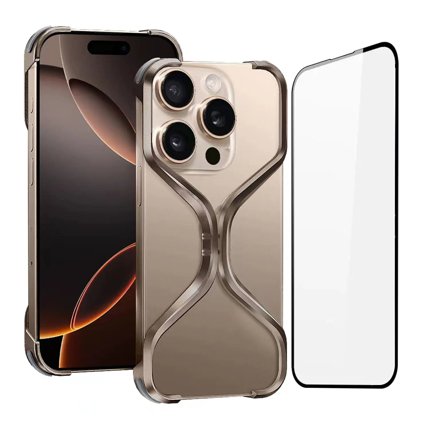 

Minimalist Line Aesthetics Alloy Bezel-less Cooling Case for iPhone 16 15 14 13 Pro Max with Tempered Glass Protector Shockproof