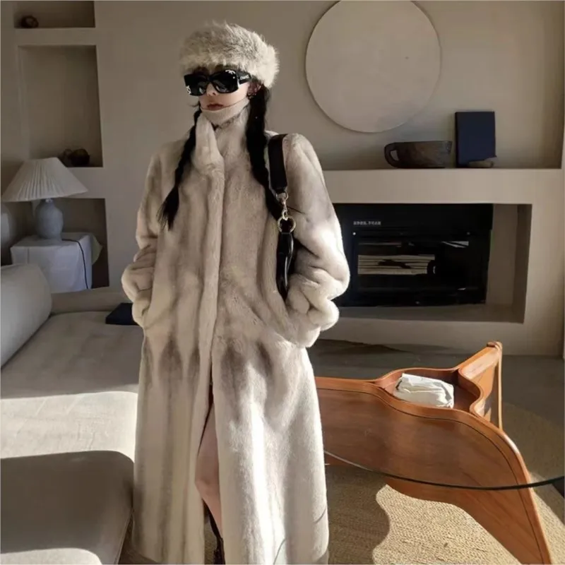 

New mixed fur coat for women thickened leather long knee-length overcoat