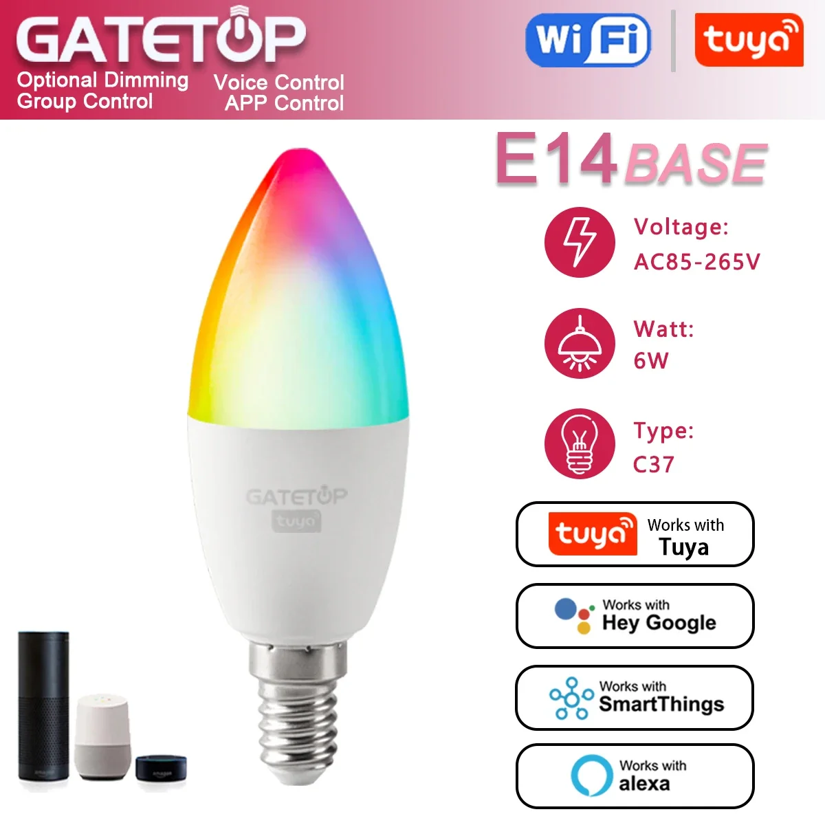 

C37 E14 6W,Bombilla inteligente Tuya Wifi/Bluetooth,Led Alexa RGB 110V 85V-265V,Para Google Assisatnt Smart Life Light Dimmable