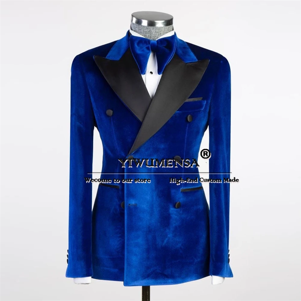 

Men Royal Blue Velvet Suits Formal Groom Wedding Tuxedos Tailored Double Breasted Jacket Pants 2 Pieces Man Business Office Coat