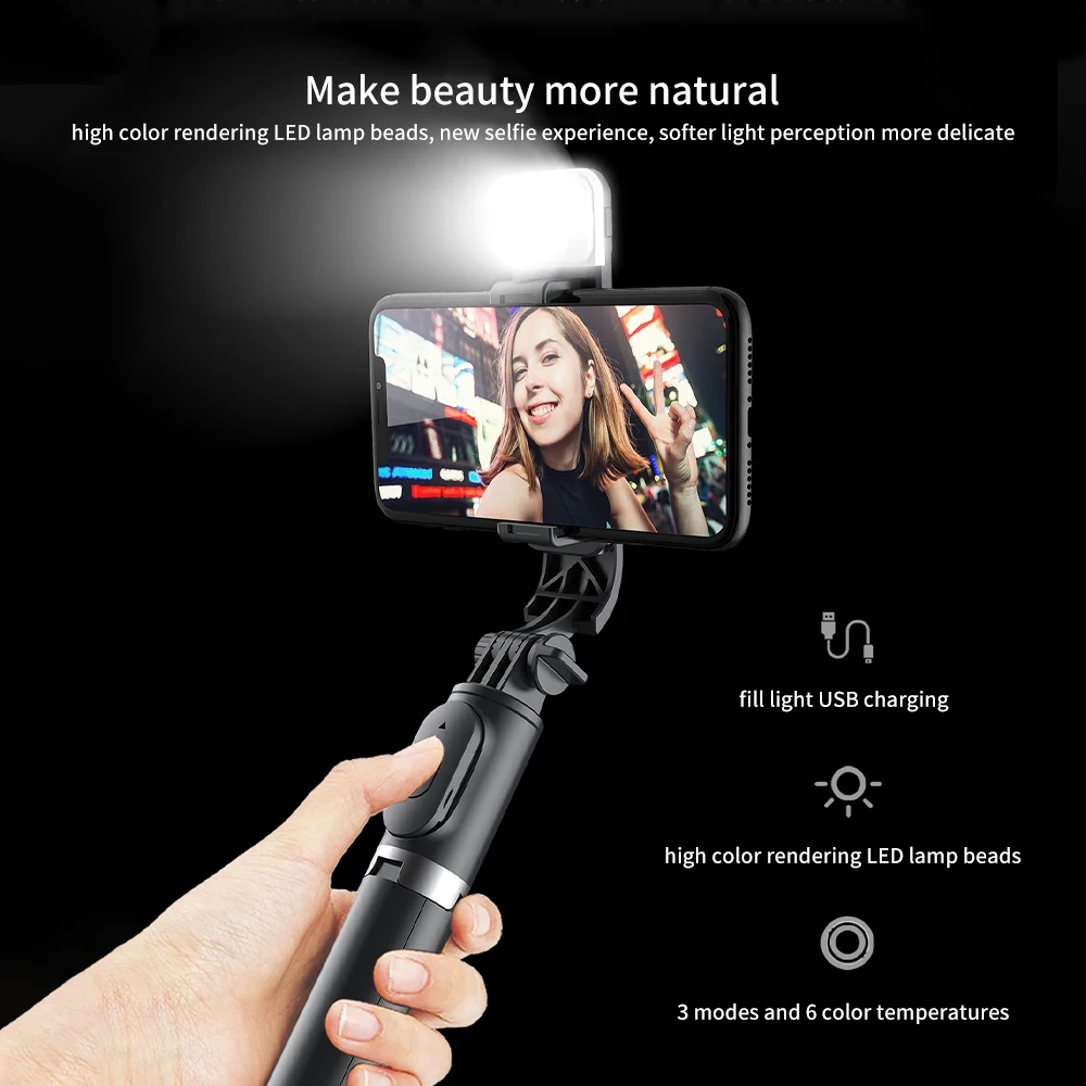 SH Selfie Stick Foldable Mini Tripod With Photography Fill Light Mini Wireless Bluetooth 2023 New Style For Ios Android