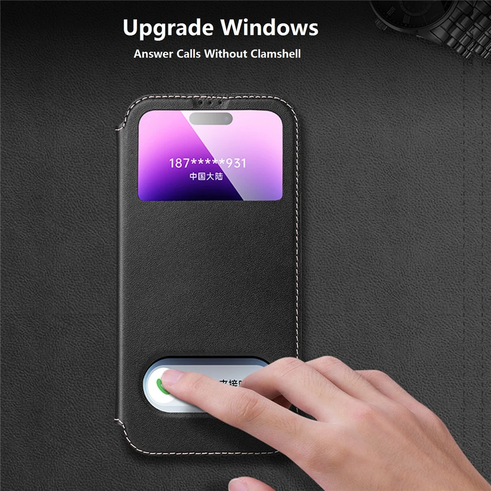 Genuine Leather Case for iPhone 16 Pro Max 13 12 14 15 Pro Max 16 Plus Luxury Yak Skin Pattern Window View Flip Cover