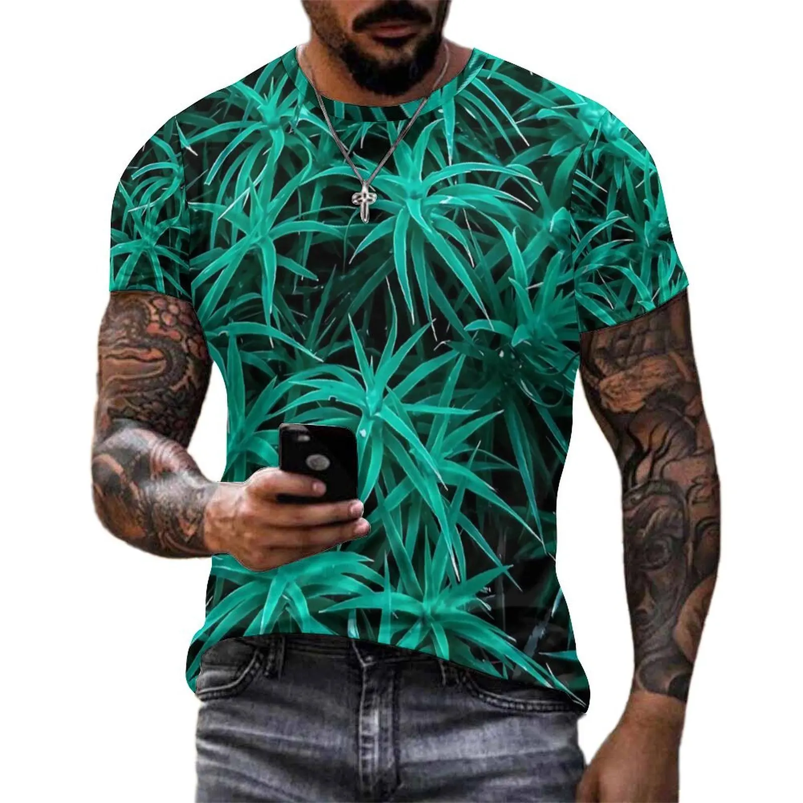 Original T-Shirt Forest Moss T Shirts Green Leaves Print Casual Vintage Tees For Male Short Sleeve Design Plus Size Tops