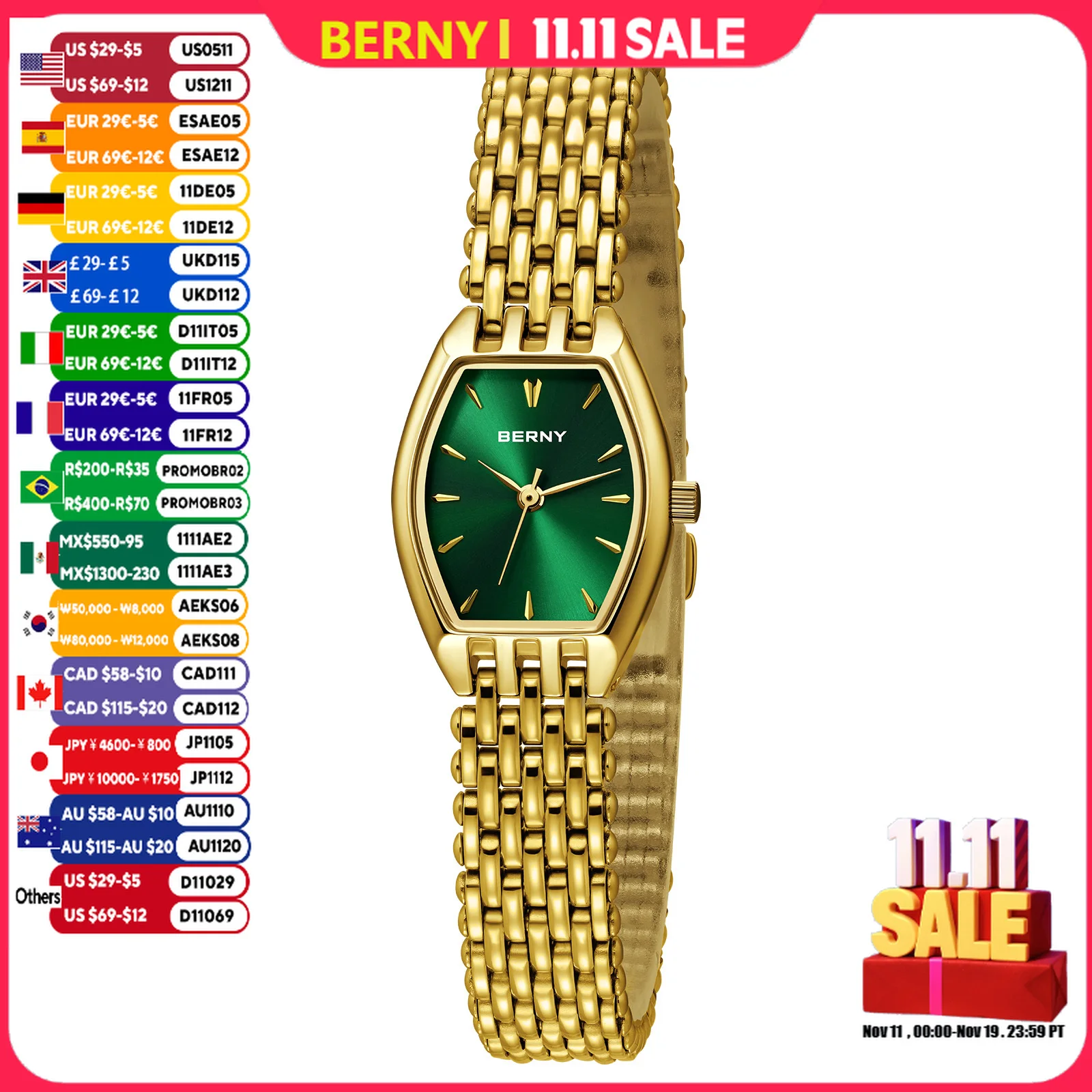 BERNY Gold Women's Watches Ultra-thin Luxury Elegant Ladies Quartz Watch Golden Stainless Steel Fashion Dress Wristwatch