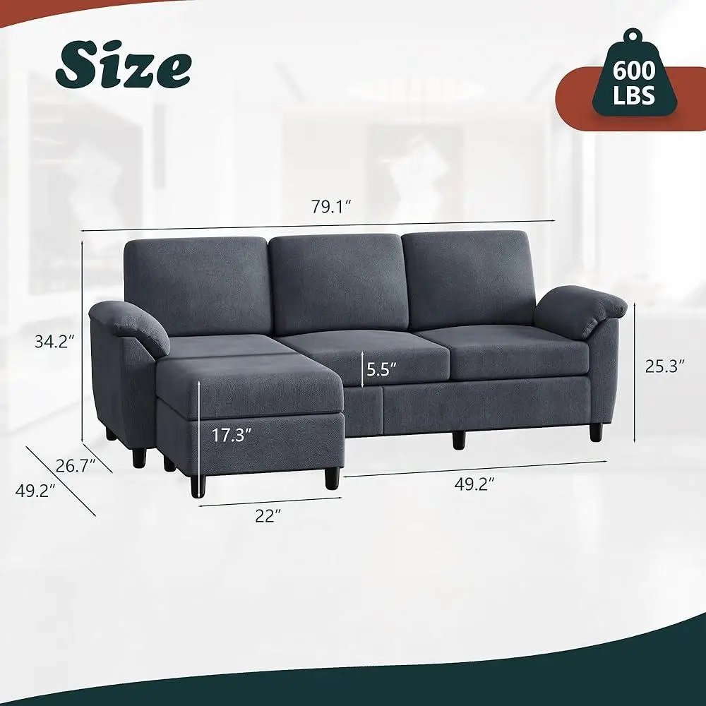 Convertible Sectional Sofa Couch L Shaped 3 Seat Small Space with Removable Pillows Linen Fabric Easy Assembly Living Room