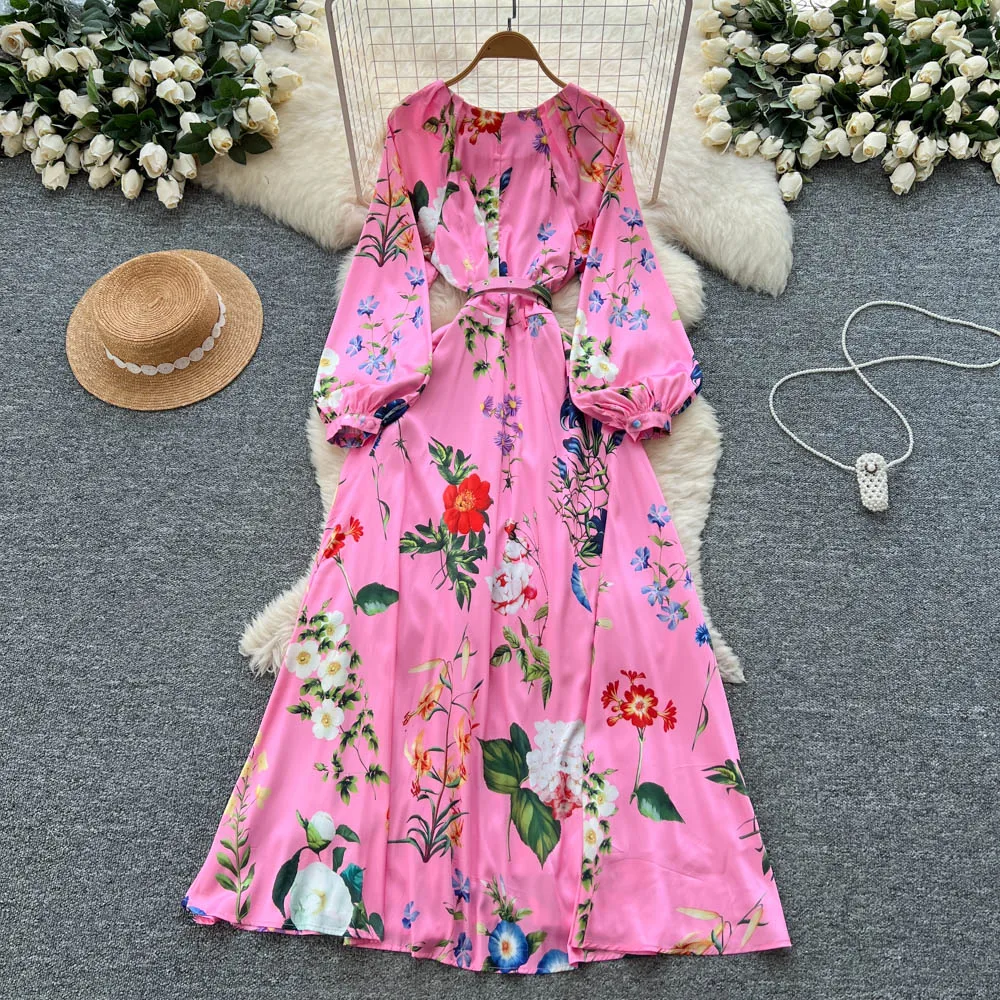 シックなヴィンテージ風長袖シングルブレストOネックプリントエレガントフェアリー韓国ファッションボヘミアン女性服ワンピース
