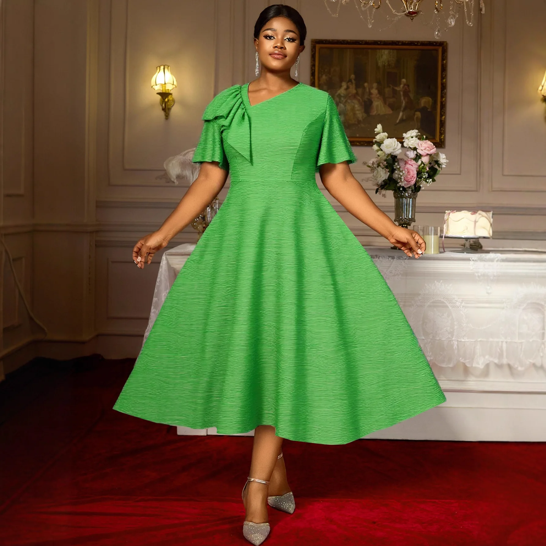 

L-4XL Plus Size African Dresses for Women Autumn Elegant African Short Sleeve V-neck Green Party Evening Midi Dress Outfits