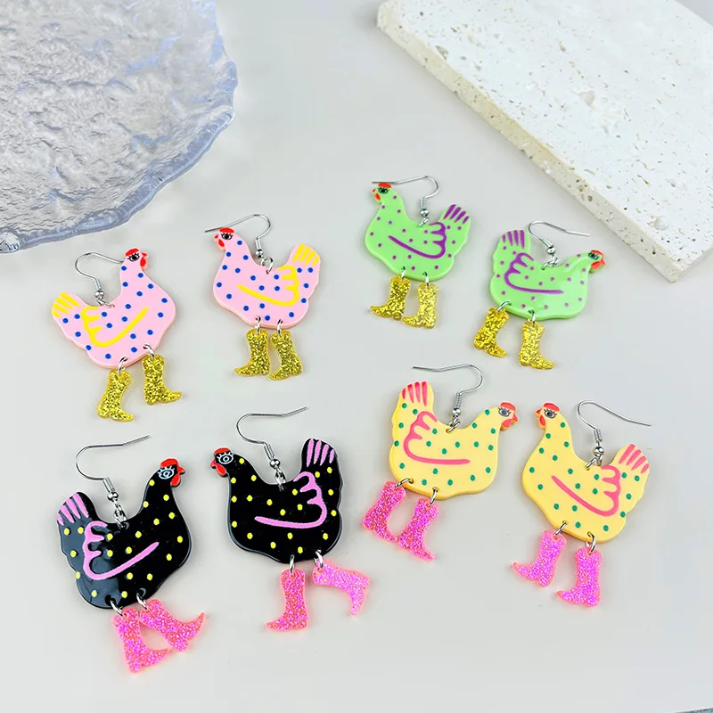 Fancy Chicken High Heels Boots Drop Earrings for Women Lady Colorful Acrylic Animal Dangle Hook Jewelry Cute Charm Stud Gifts