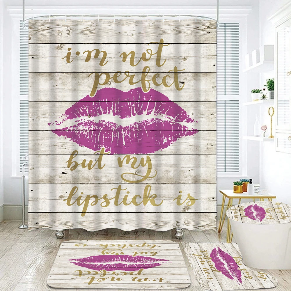 

Love Red Lip Shower Curtain Set Toilet Seat Cover Bathroom Accessory Non-Slip Carpet Bath Mat Rugs Waterproof Bathtub Curtains