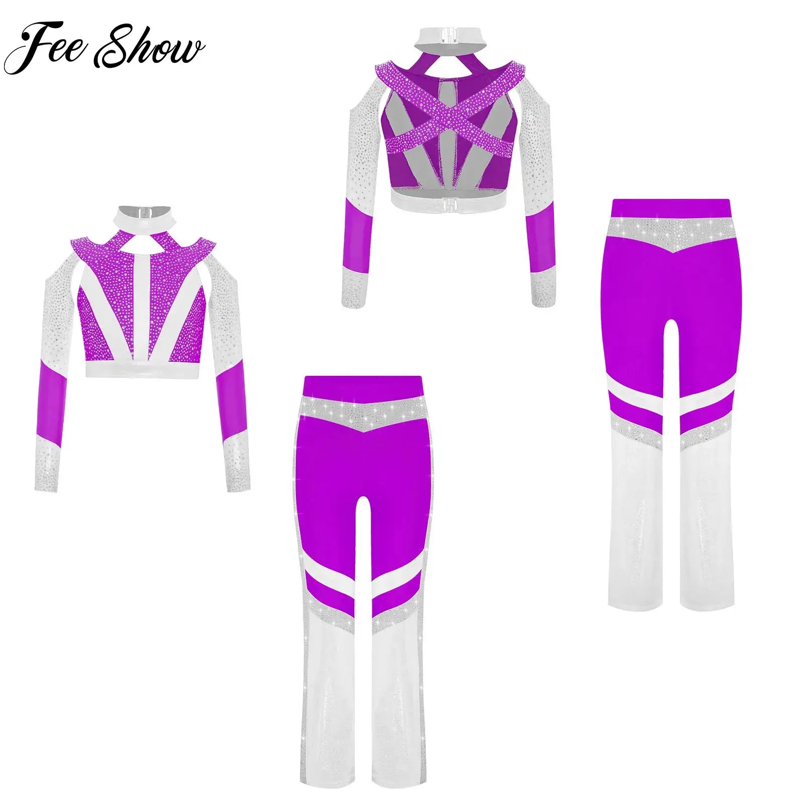 

Girls Gymnastics Figure Skating Dance Outfit Acrobatics Performance Set Long Sleeve Crop Top Flared Pants 2-piece Dancewear Set