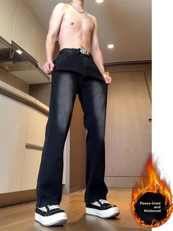 

Black Fleece Lined Straight Leg Men's Jeans Slim Fit Bootcut Denim Pants Winter Warm Stylish American Vibe Long Trousers