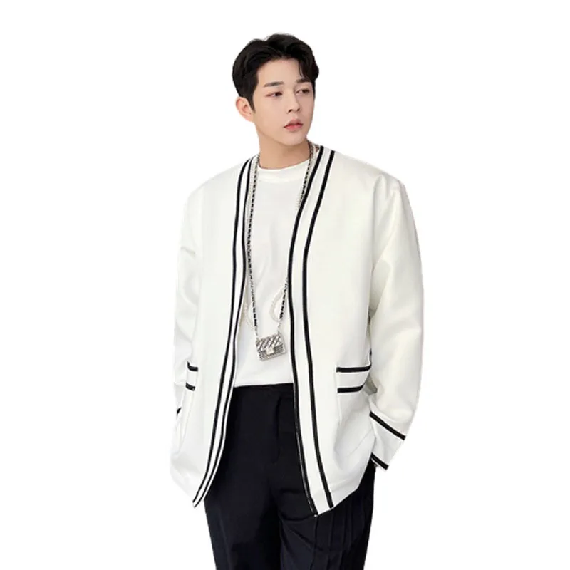 Men's Black-And-White Contrast Color Loose Collarless Buttonless Large Size Outer Jacket Fashion Korean Fashion Jacket