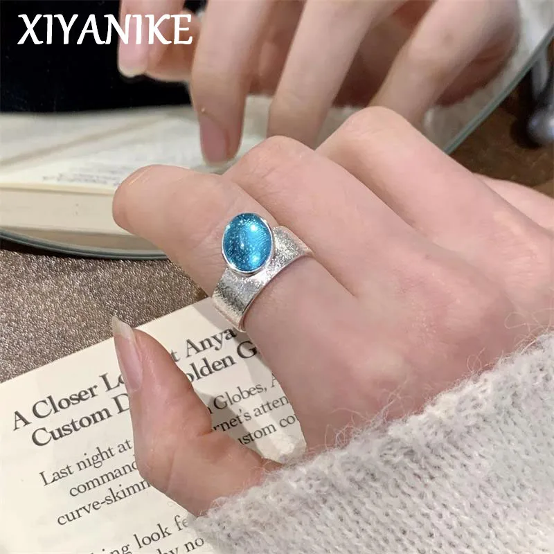XIYANIKE Exquisite Blue Zircon Matte Wide Adjustable Open Rings For Women Sweet Cool Fashion New Jewelry Gift Party кольцо