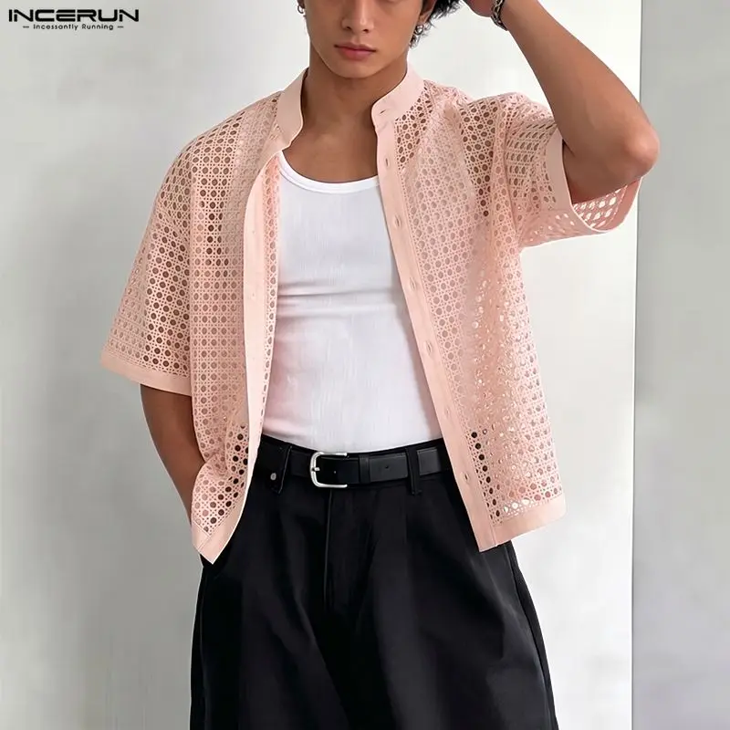 INCERUN Men's Shirt Hollow Out See Through Short Sleeve Sexy Men Clothes Streetwear Solid Color 2026 Fashion Casual Tops For Man