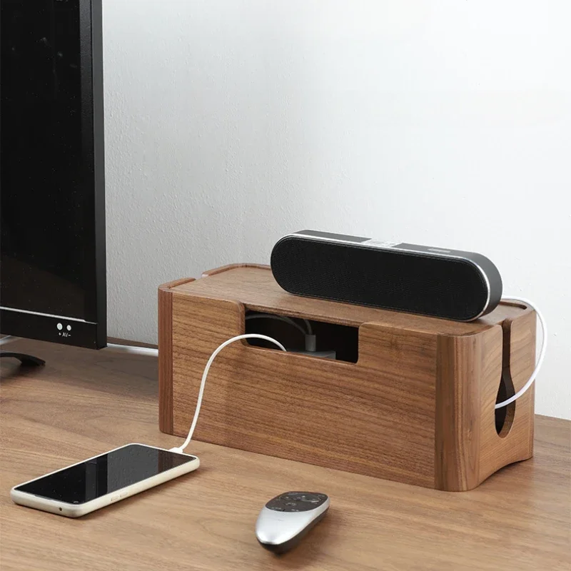 

Black Walnut Wood Table Wire Cable Organizer Solid Wooden Junction Box Cable Winder Storage Box Desktop Clip Holder For TV Box