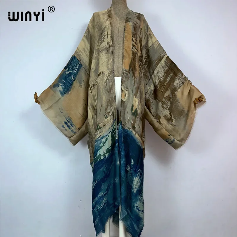 WINYI Fashion Kimono Print Coat Long Sleeve Cardigan Abaya Muslim Woman Cover Up Boho Dress Kaftan Abaya Dubai Luxury Caftan