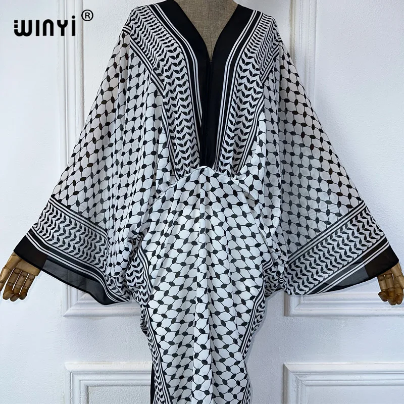 WINYI V-neck Perspective sexy dress Arabic traditional print women Loose Holiday Beach cover up Party Kaftanabaya dubai luxury