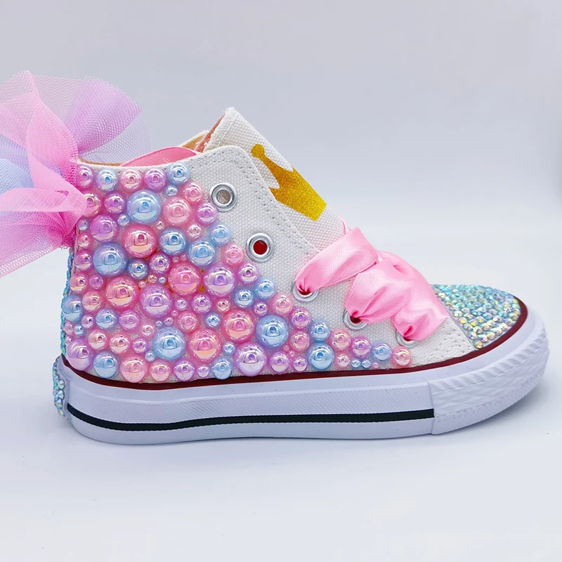 Kids Canvas Shoes Mesh Flower Back Design Crown Theme Birthday Party DIY For Girl Shoes Dollbling Handmade Bling Sneakers