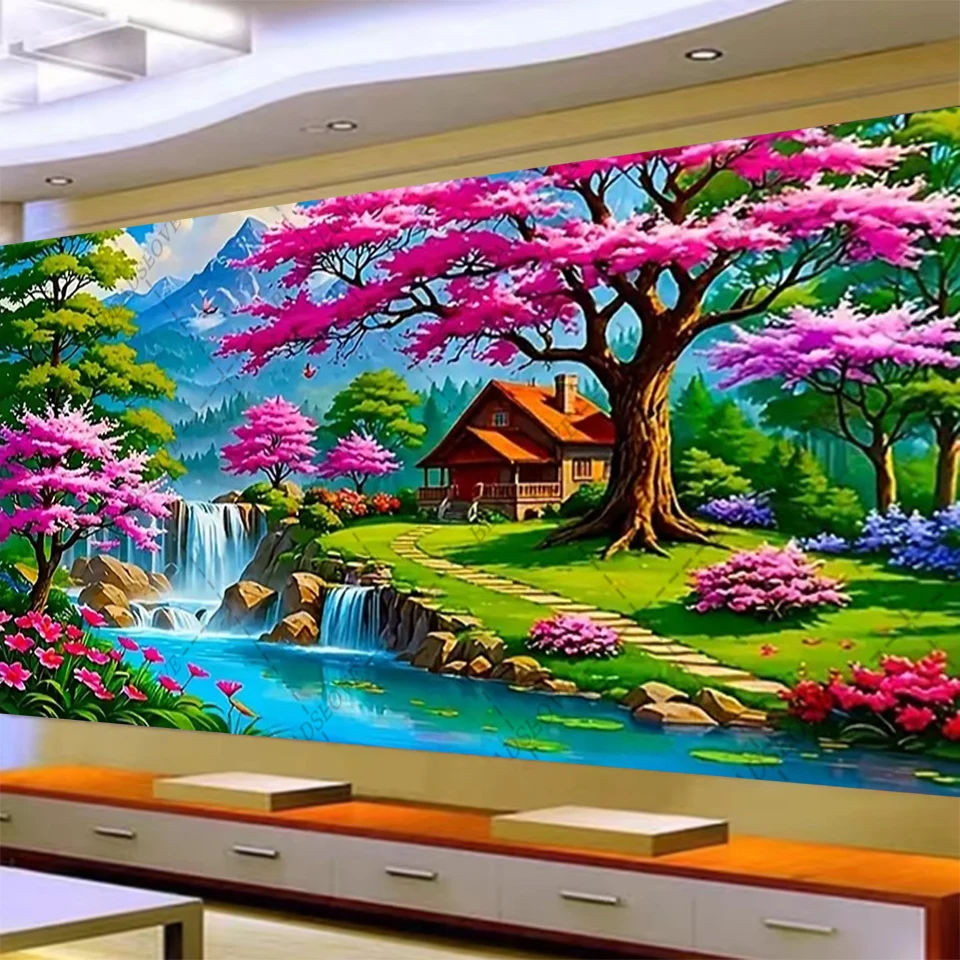 

5D DIY полная круглая квадратная алмазная живопись вышивка розовое дерево озеро кабина пейзаж горный хрусталь вышивка крестом украшение дома