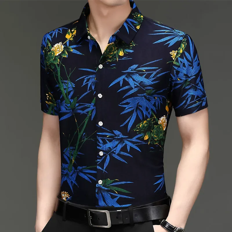 New Summer Men\'s Flower Animal Pattern Short sleeved Shirt Top