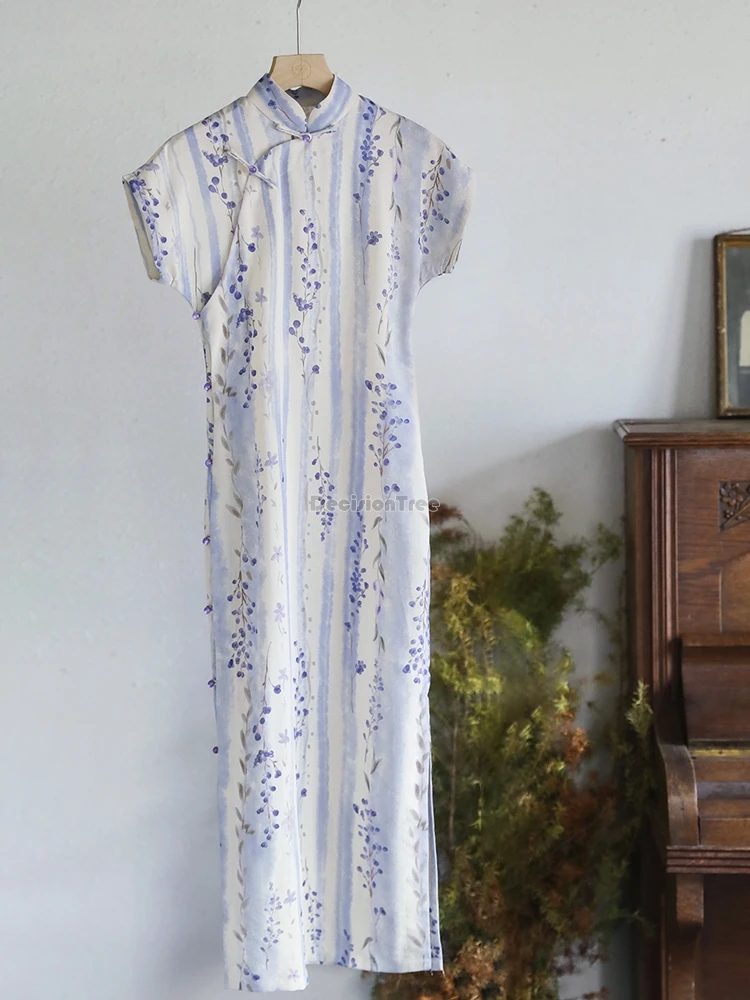 

2025 китайский ретро национальный стиль с цветочным принтом свободный стиль женский повседневный Cheongsam с коротким рукавом воротник-стойка длинное платье Ципао