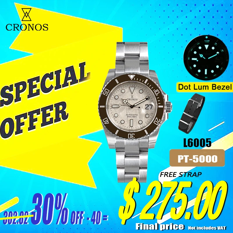 

Cronos Sub Diver Men Watch Stainless Steel PT5000 Bracelet Ceramic Bezel 200 meters Water Resistant Glideclasp reloj hombre