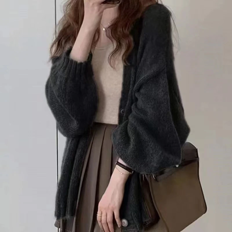 Outono feminino manga longa solto cardigan camisola inverno moda lanterna manga de malha topo estilo coreano elegante malhas
