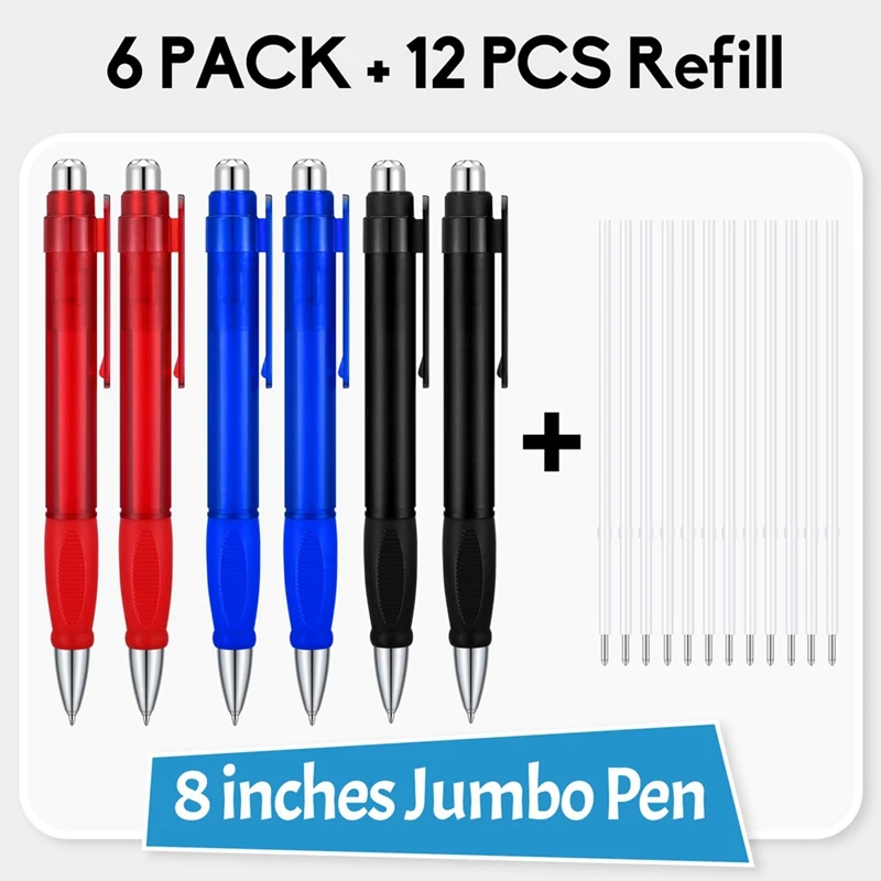 6 Pcs Big Pens Jumbo Pen Bulk With Refills Extra Large Ballpoint Pens Black Ink Fat Pens Giant Pen Oversize Retractable