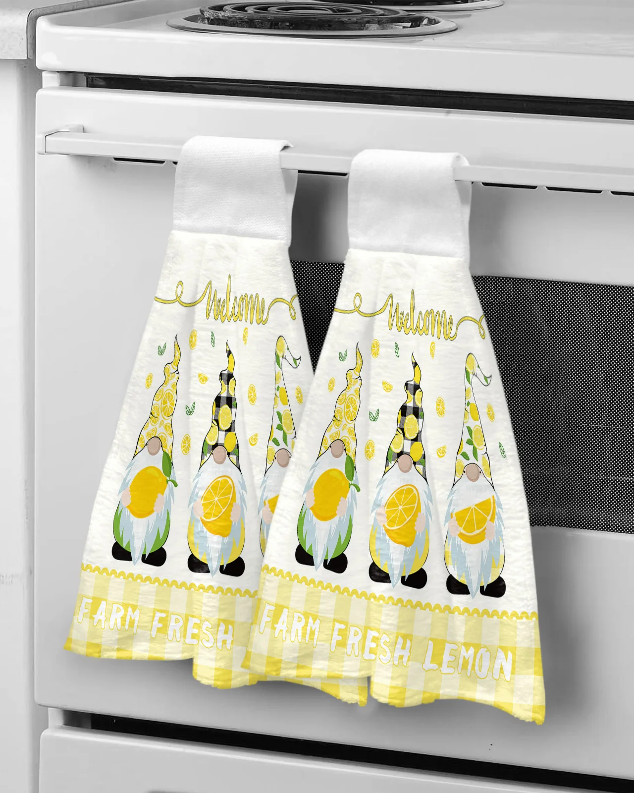 Farm Fresh Lemon Gnome Yellow Plaid Rustic Hand Towel Microfiber Hanging Wipes Cloth Cleaning Towel Kitchen Tools Accessories