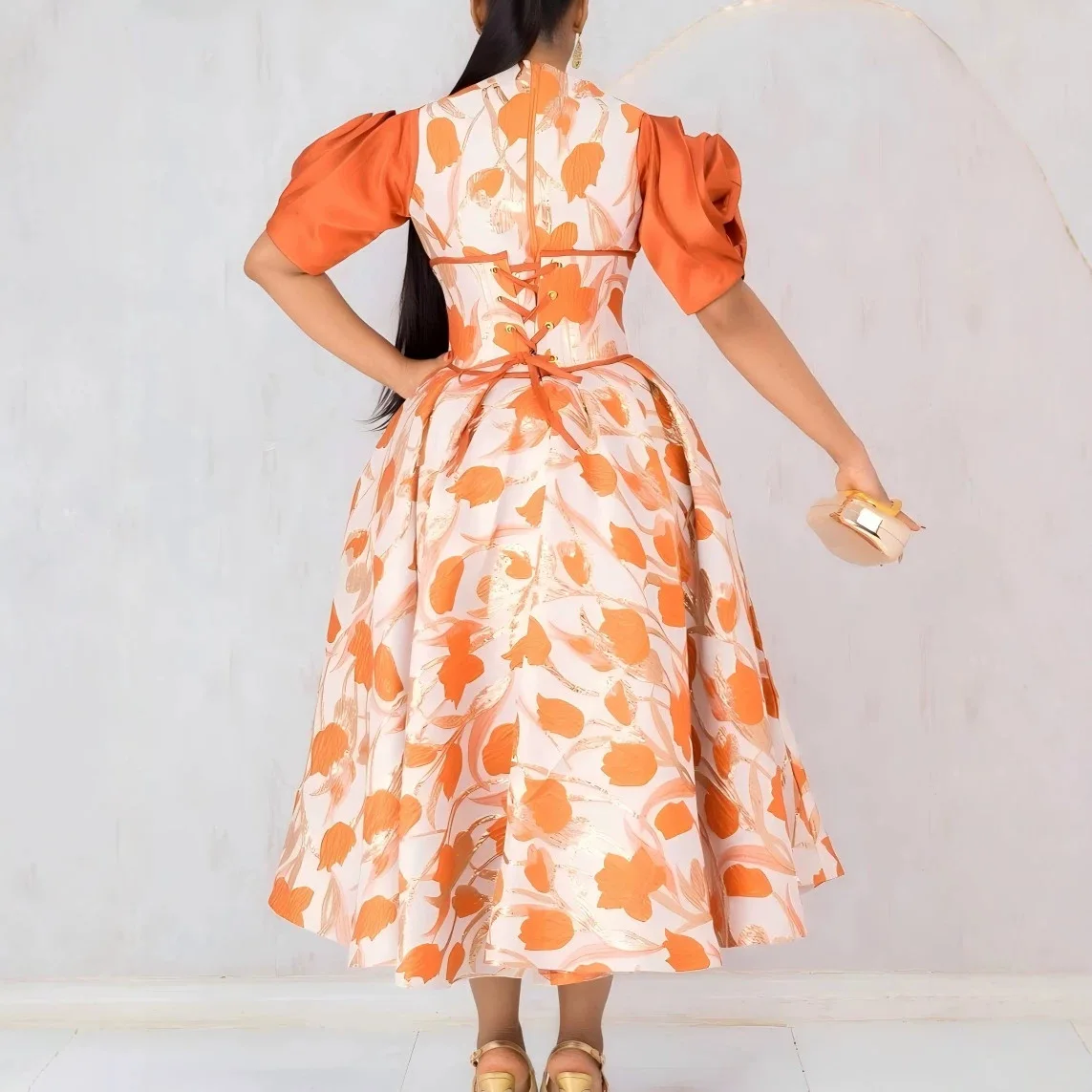 QMANSHA Maßgeschneidertes Orangefarbenes Blumen-Jacquard-Abendkleid mit Puffärmeln, A-Linie, Übergröße, Formelles Partykleid für Damen – Detail 8