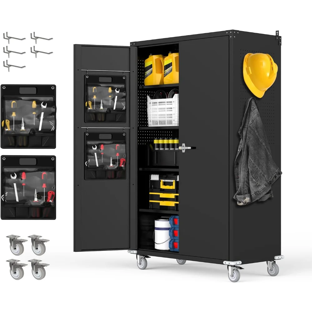 

Tall & Wide Metal Garage Storage Cabinet with 4 Adjustable Shelves, 43''W x 22''D x 72''H with Wheels & Pegboards