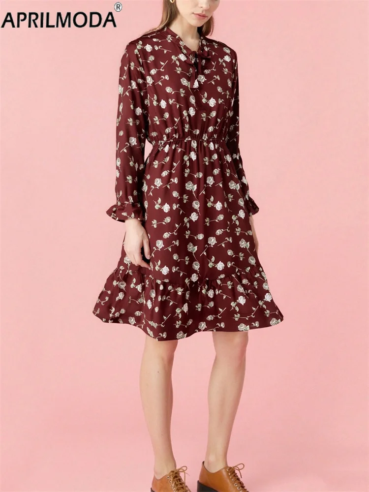 

2025 Red Holiday Long Sleeve Floral Print Vintage Casual Dress with Bow Neck Elegant French Retro Slim Fit Flared A-Line Dresses