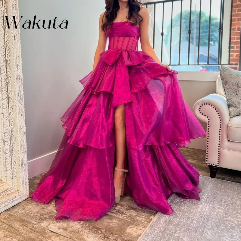 Wakuta Women's Tulle Ruffles Prom Robe Long Sparkly Tiered Ball Gown A Line Strapless Formal Evening Vestidos De Fiesta with Bow