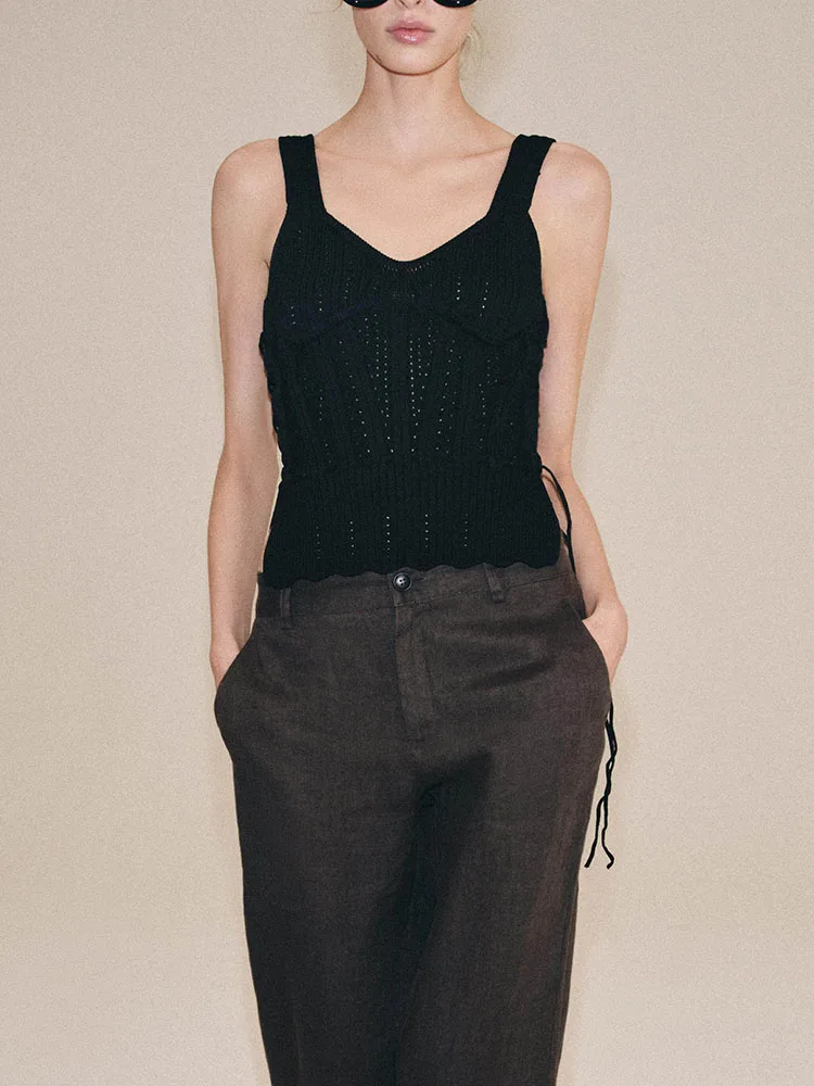 

Women's Knitted Slim Fit V-Neck Top Summer New Arrival Versatile Belted Bandage Style Knitwear Fashionable Chinese Style Shirt