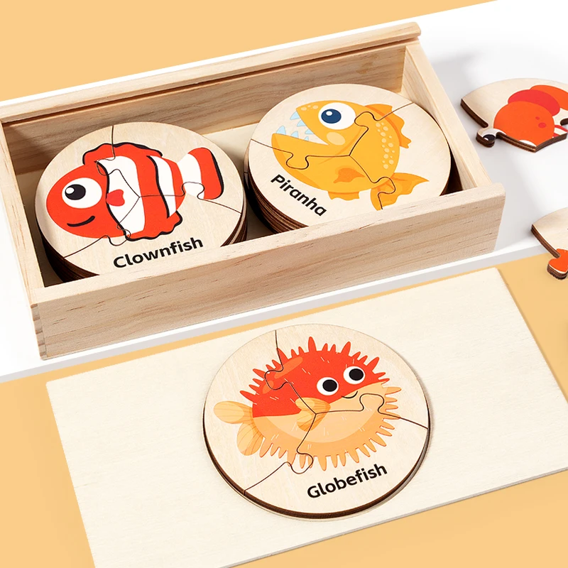 

Children's Large Size Matching Puzzle Wooden Storage Box Marine Animal Cognition Wood Puzzle Board Early Educational Toys