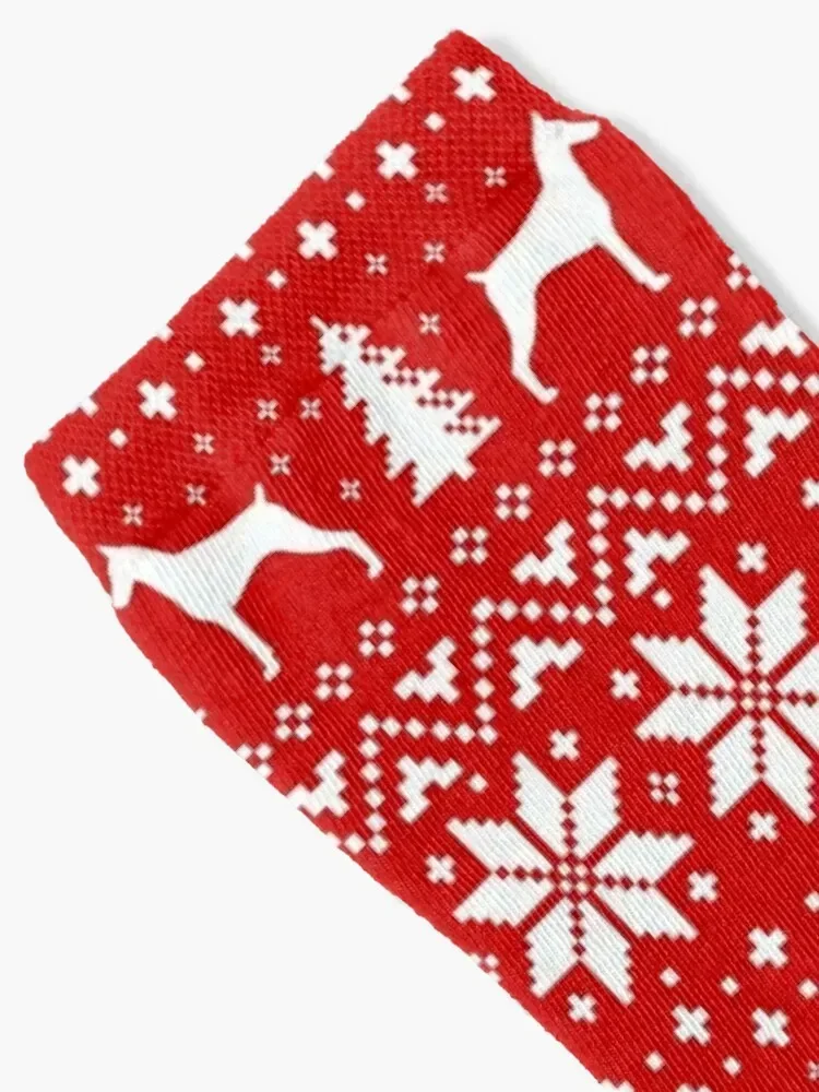 Doberman Pinscher Silhouettes Red and White Christmas Holiday Pattern Socks retro football Mens Socks Women's