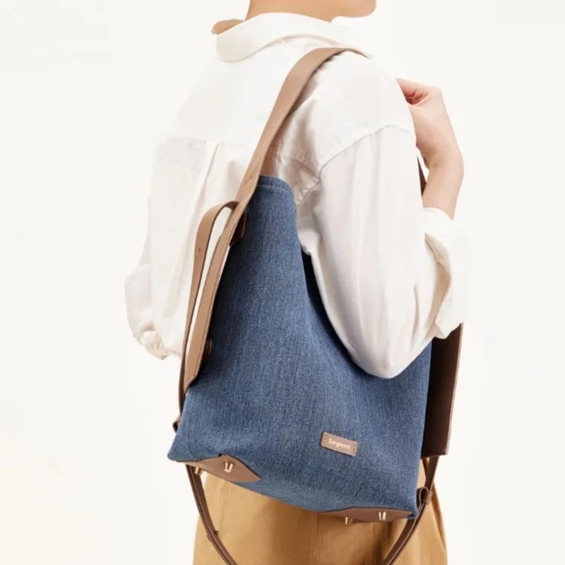 France Female Hanging Ear Tote Bag Denim Patchwork Commuting Shoulder Bag Single Shoulder Underarm Bag for Women