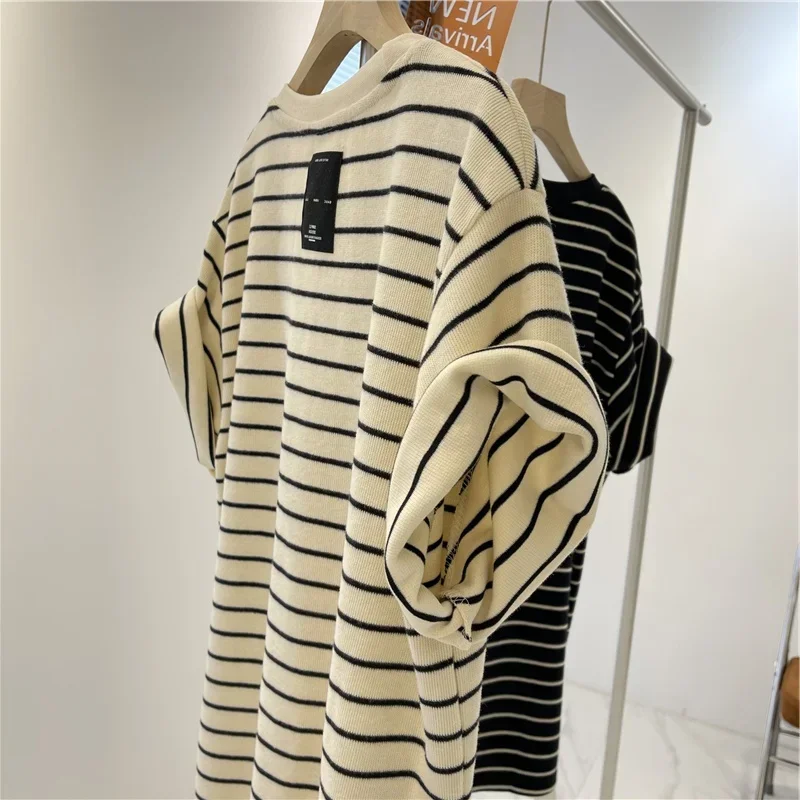 Women's Korean Series Stripe T-shirt, Short Sleeve, Pure Cotton, All-Match, Oversize, Casual, Age-Reducing Ins Trendy, Couple...