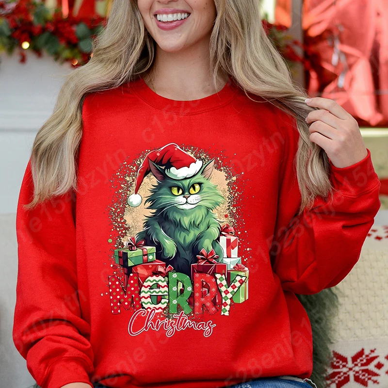 Christmas Cat Print Sweatshirt, Casual Crew Neck Long Sleeve Pullovers Top For Autumn & Winter, Women\'s Sweatshirts