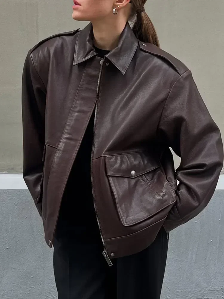 

Casual Leather Zipper Full Sleeves Jacket Fashion Lapel Collar Pockets Woman Short Coat 2025 New Female Autumn Commuting Wear