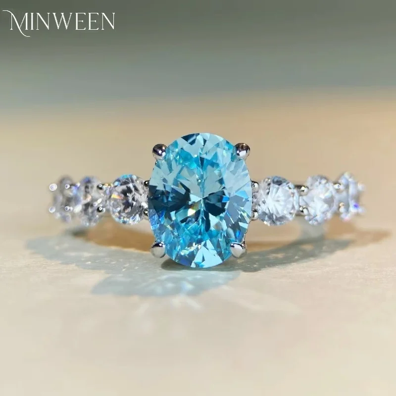 MINWEEN 3CT Oval Lab Aquamarine Ring With  925 Sterling Silver For Simple Daily Wear Engagement Band Wholesale