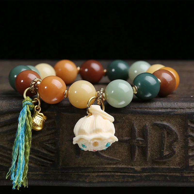 Natural Colorful Weathered Bodhi Root Round Bead Bracelet Single Loop China-Chic Vintage Ivory Fruit Carving Accessories - view 3