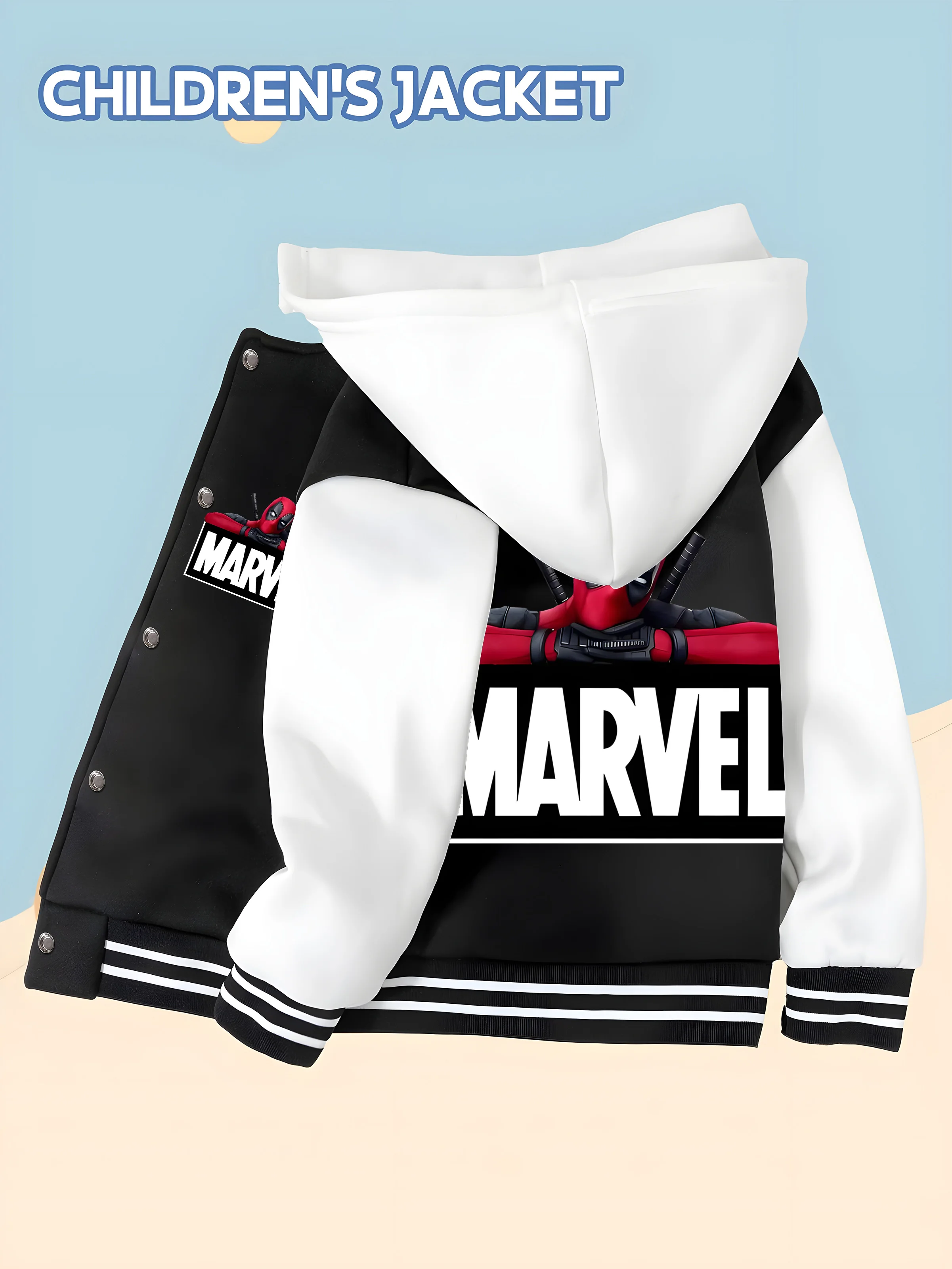 

Бейсбольная куртка MINISO Marvel для мальчиков — Deadpool Funny, Classic Black and White, мягкая ткань для тепла и комфорта, модная и