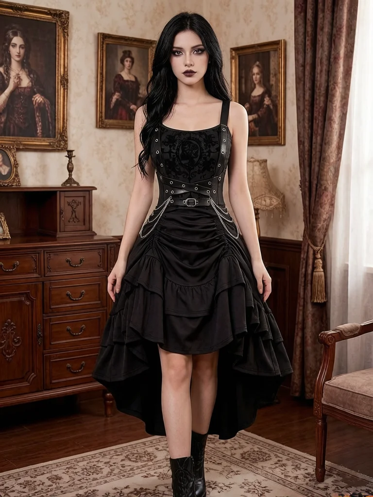 Robe gothique noire asymétrique pour femme avec fleurs, croix, flocage, chaîne en PU, volants et fronces, superposée, coupe haute-basse