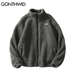 GONTHWID Harajuku Streetwear Fleece Jackets Solid Color Casual Loose Full Zipper Coats Hip Hop Winter Fashion Loose Warm Tops