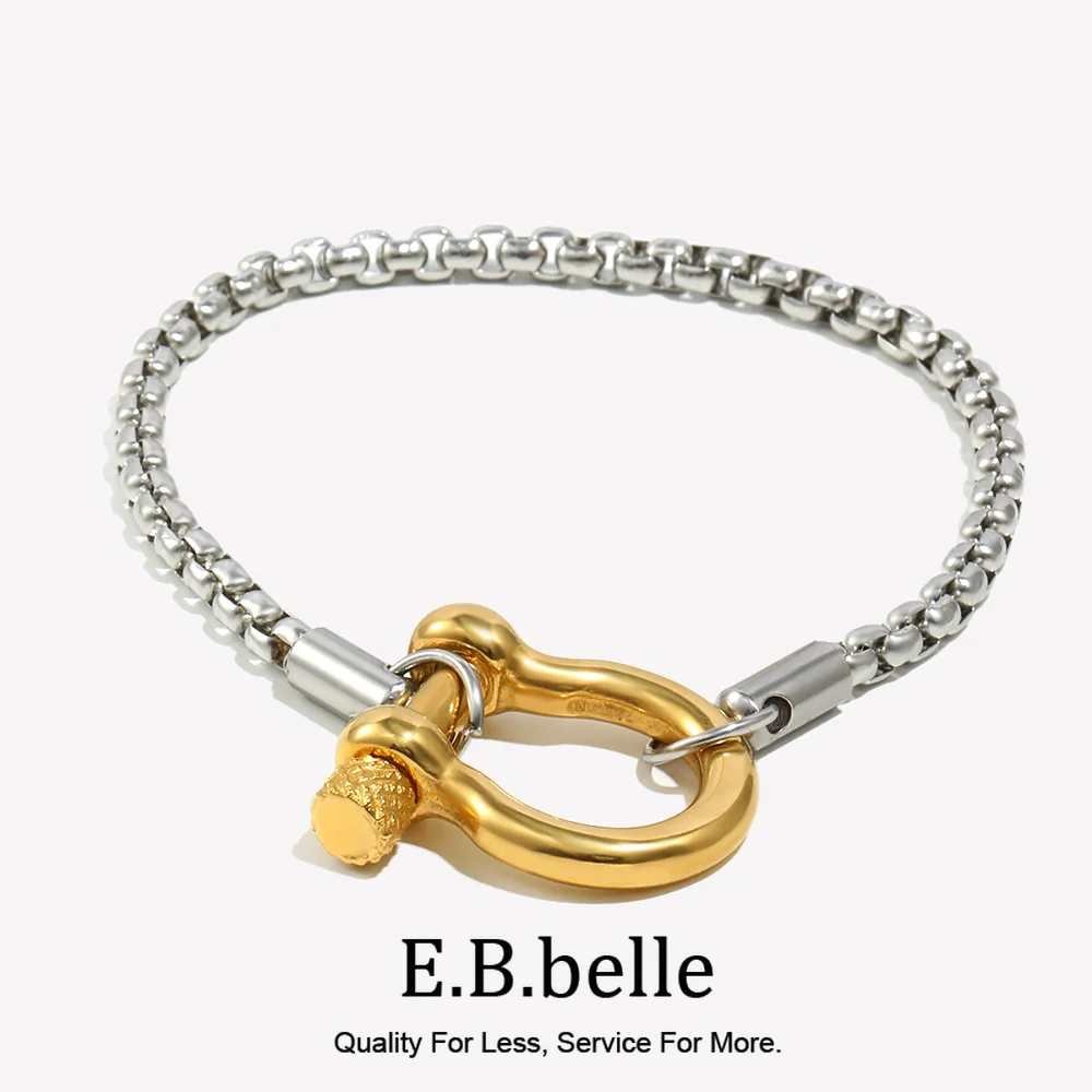 E.B.belle Stainless Steel Double Color Pearl Chain Lock Bracelet Rotary Unlocking Punk Statement Hiphop Unisex Design For Daily